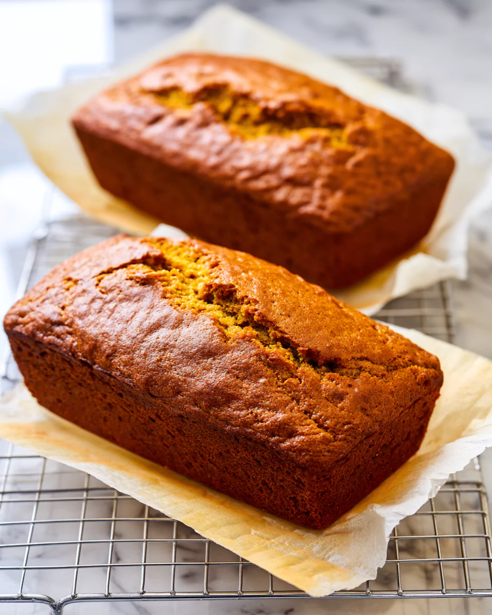 Baked moist pumpkin bread cooling on rack