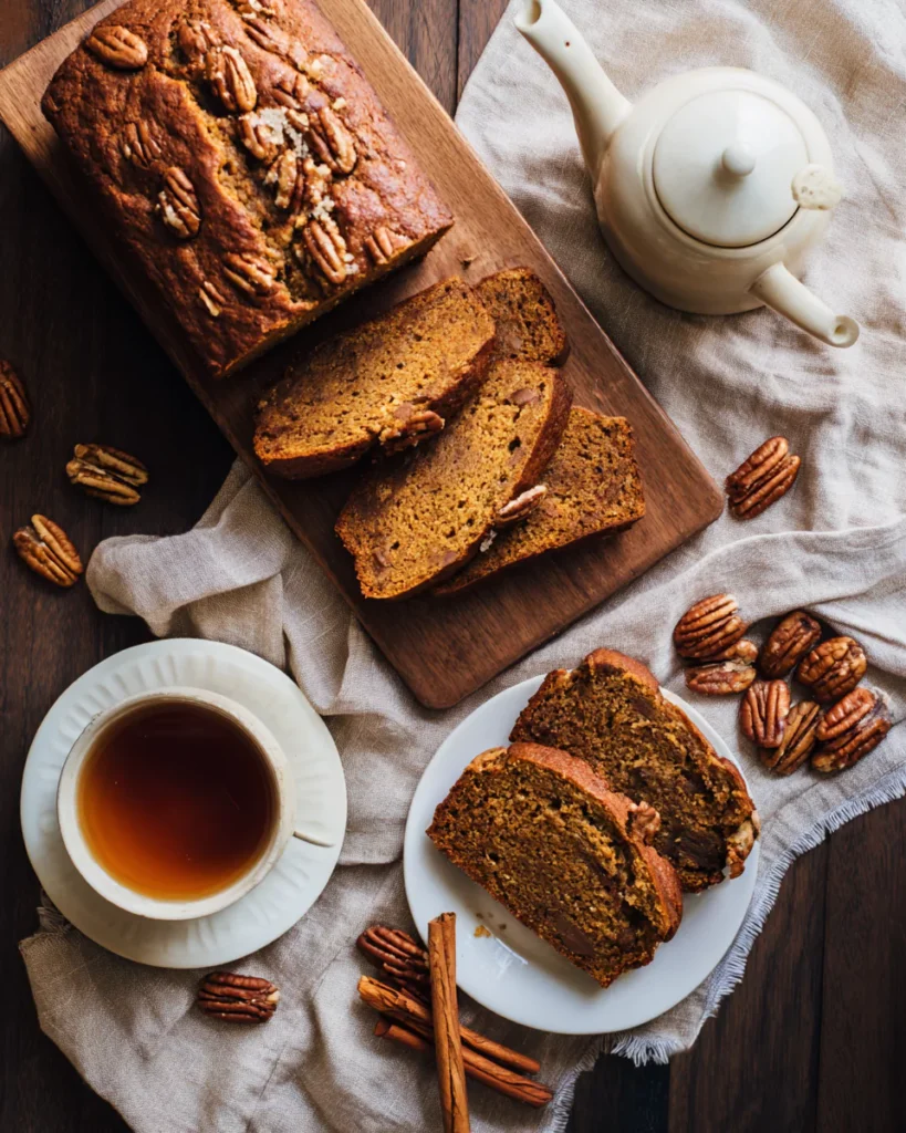 Brown Butter Pumpkin Bread loaf and slices styled
