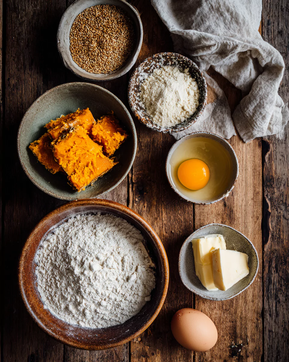 Cheddar pumpkin bread ingredients on wooden table