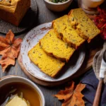 Sliced cheddar pumpkin bread served with soup
