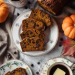 Sliced chocolate chip pumpkin bread serving