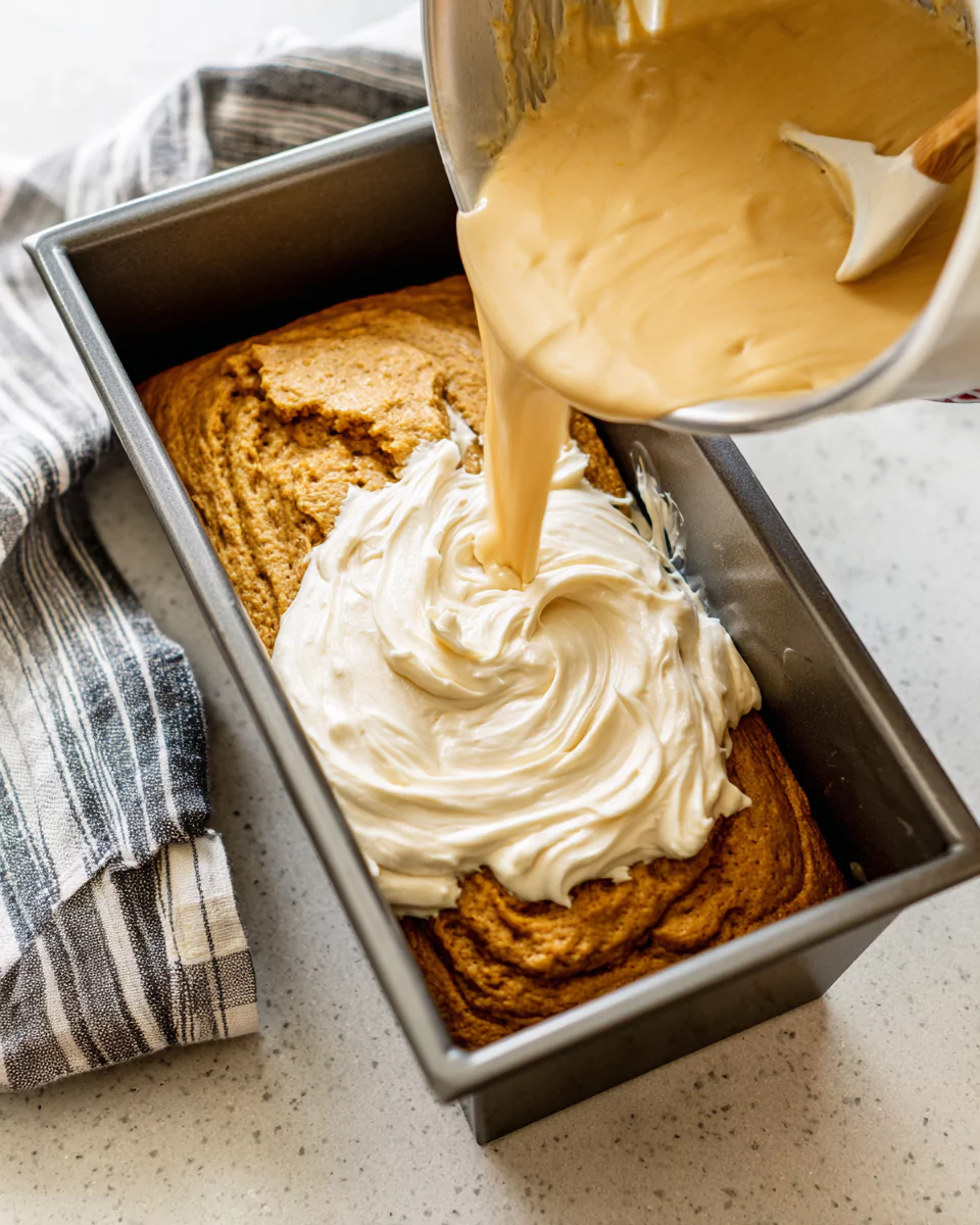 Swirling cream cheese into pumpkin bread batter