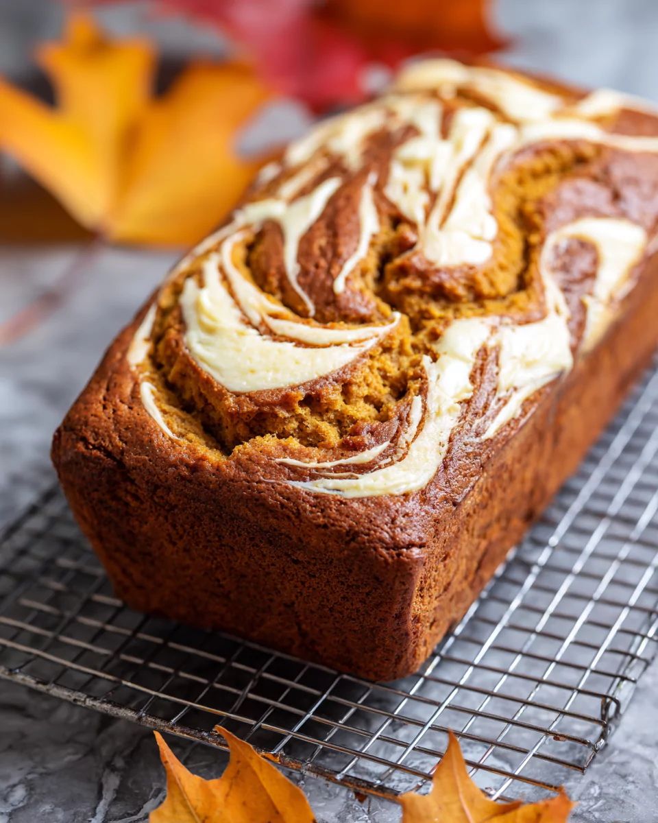 Freshly baked cream cheese pumpkin bread cooling