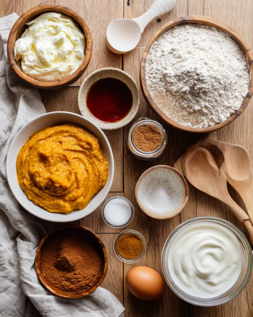 Ingredients for Greek yogurt pumpkin muffins arranged on a counter