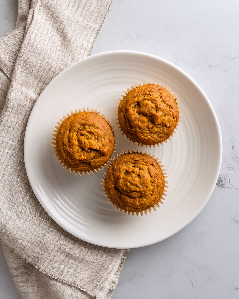 Three Greek yogurt pumpkin muffins on a plate for recipe card