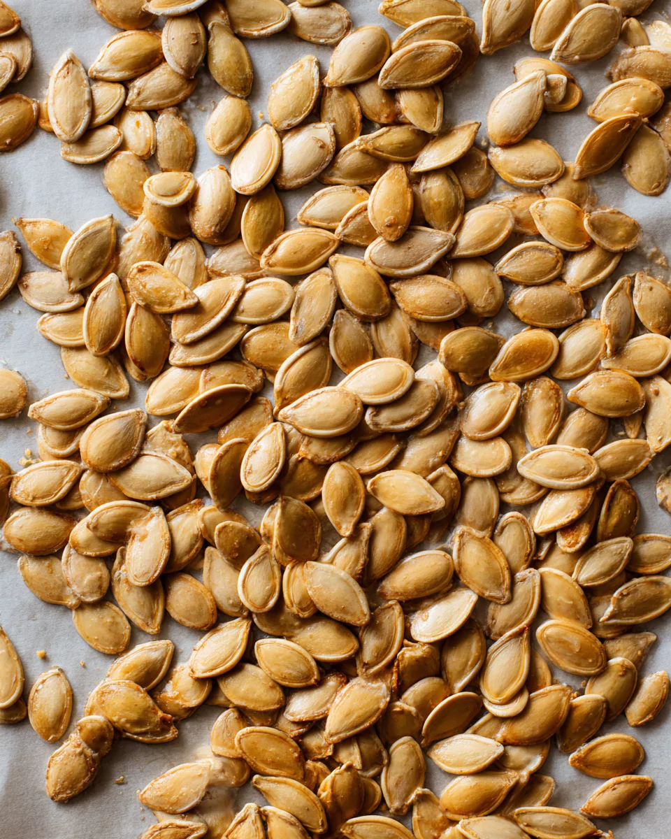 Pumpkin seeds roasting on a baking sheet