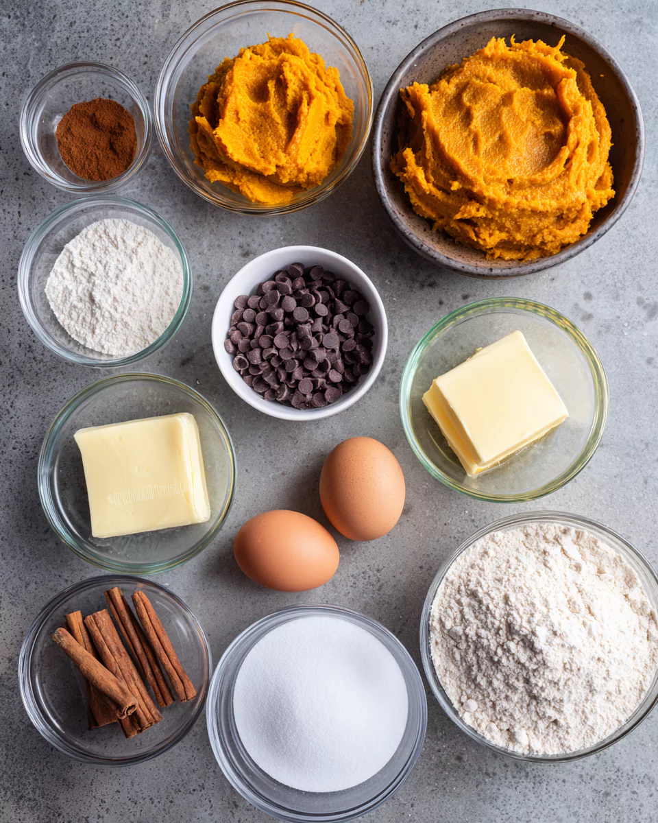 Mini Pumpkin Bread Loaves ingredients flat lay