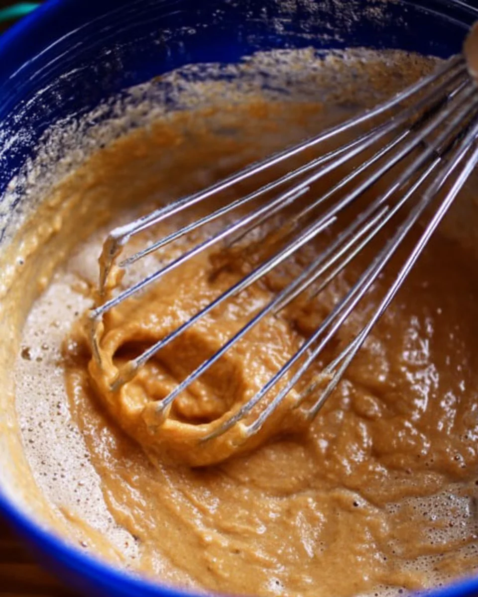 Mixing moist pumpkin bread batter in bowl