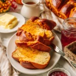 Serving No-Knead Pumpkin Brioche with butter and jam