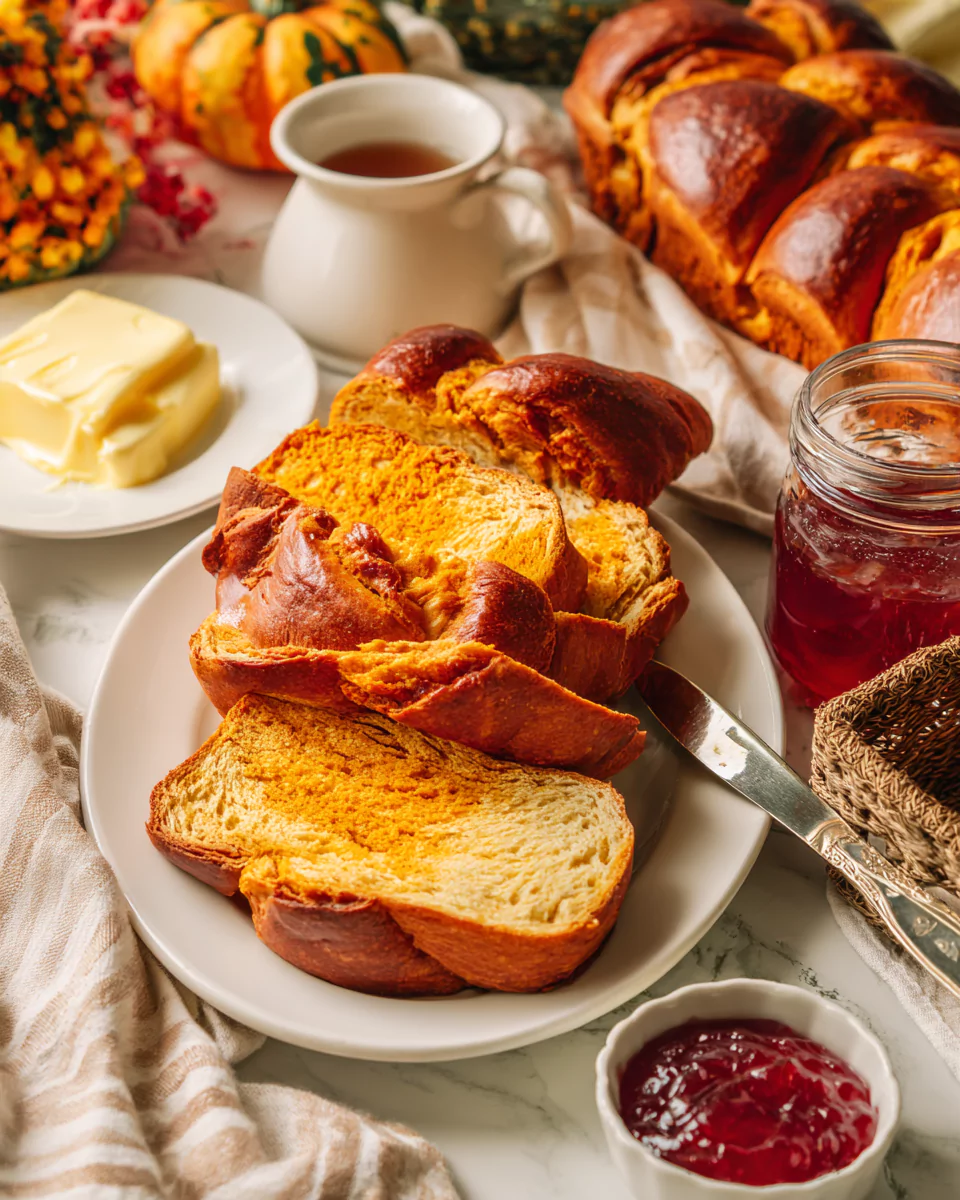 Serving No-Knead Pumpkin Brioche with butter and jam