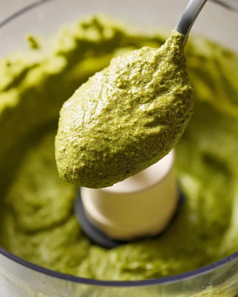Blended pesto pumpkin seeds in food processor