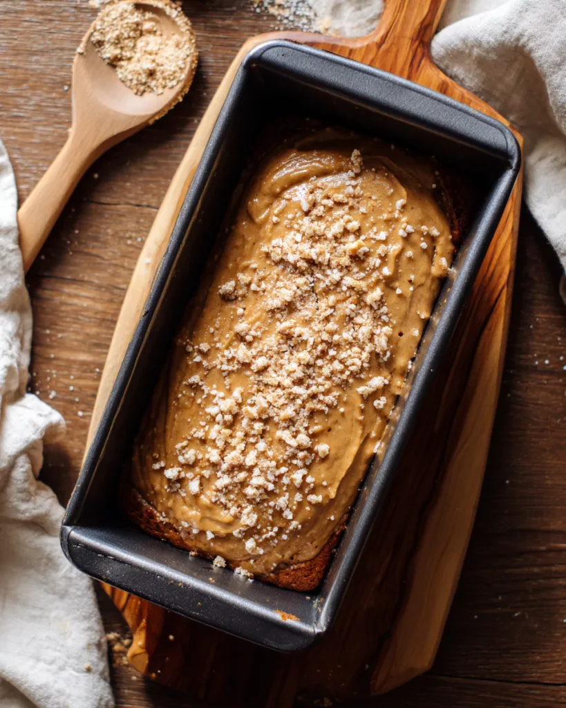 Pumpkin bread batter in loaf pan before baking