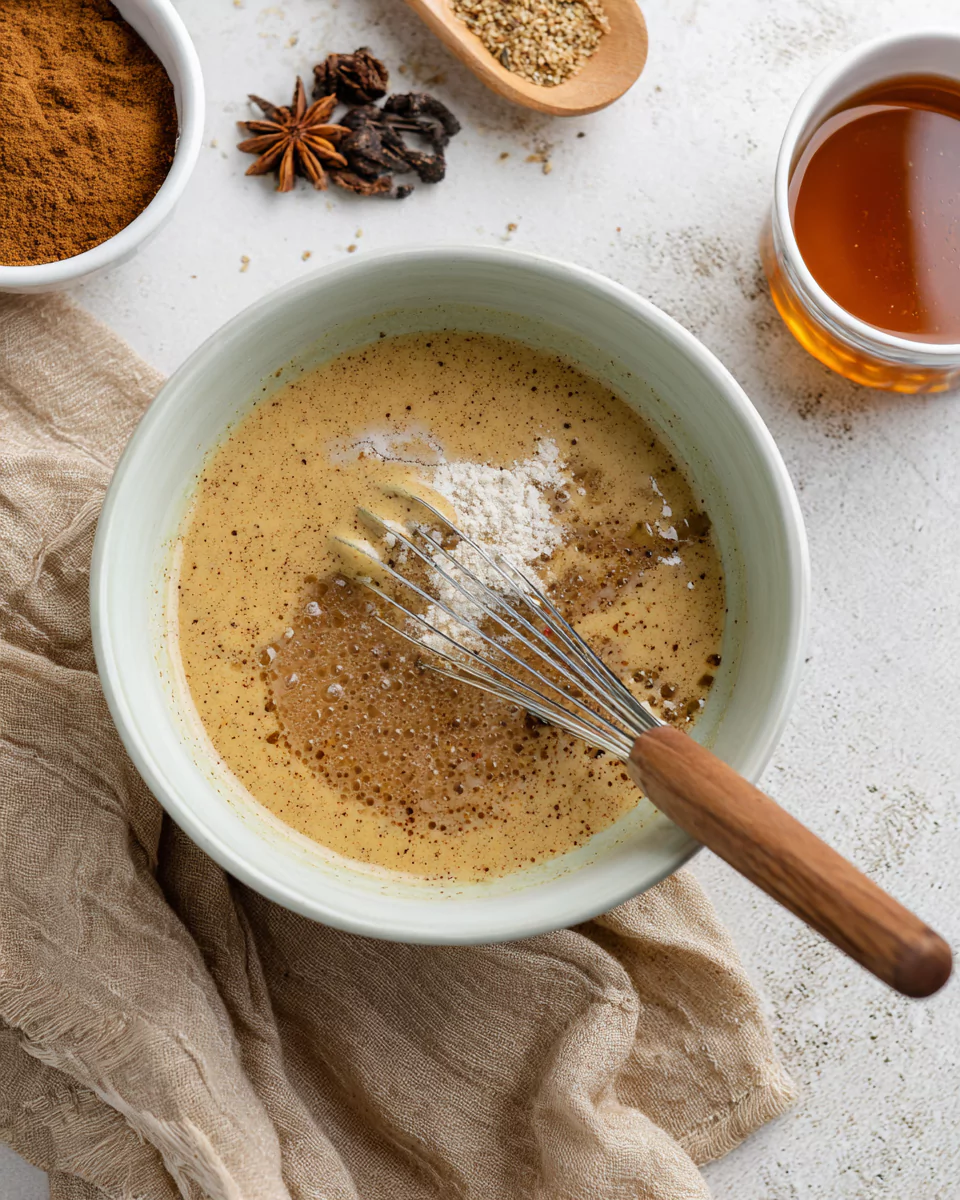 Mixing pumpkin chai muffins batter wet ingredients