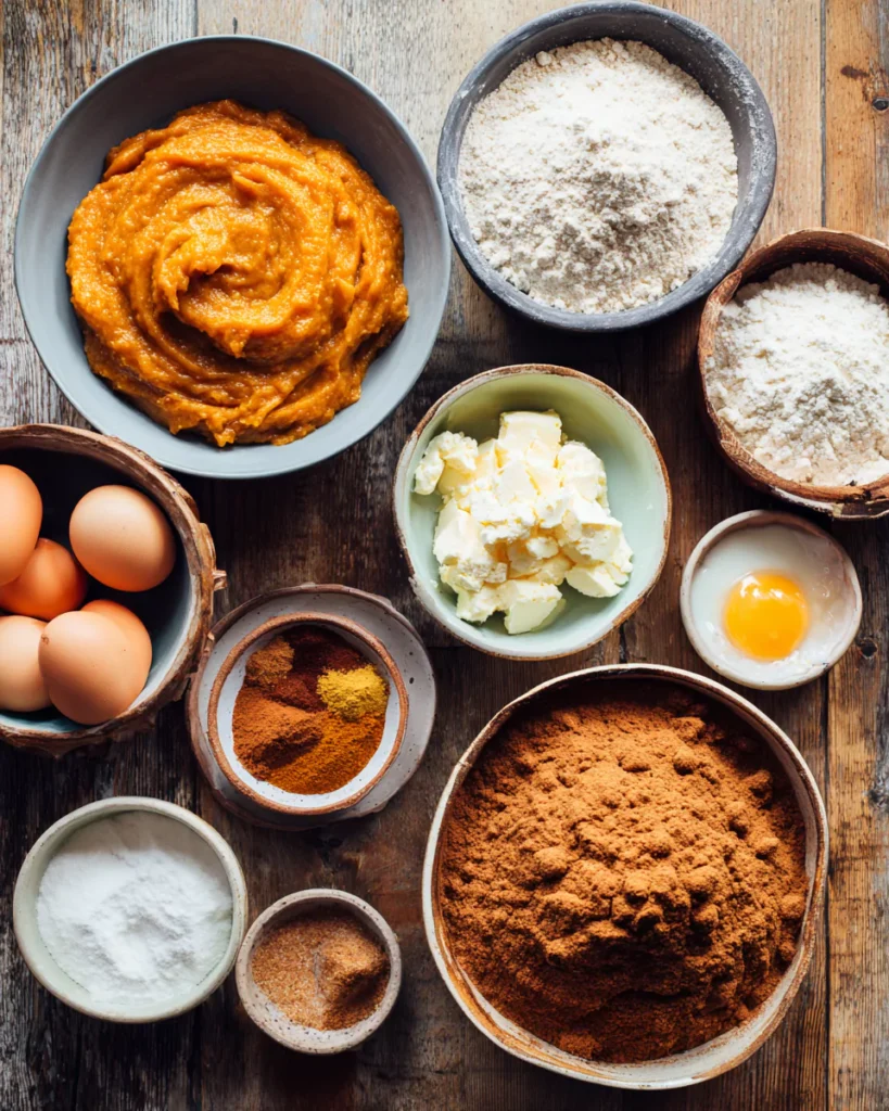 Ingredients for Pumpkin Cream Cheese Muffins arranged on a rustic table