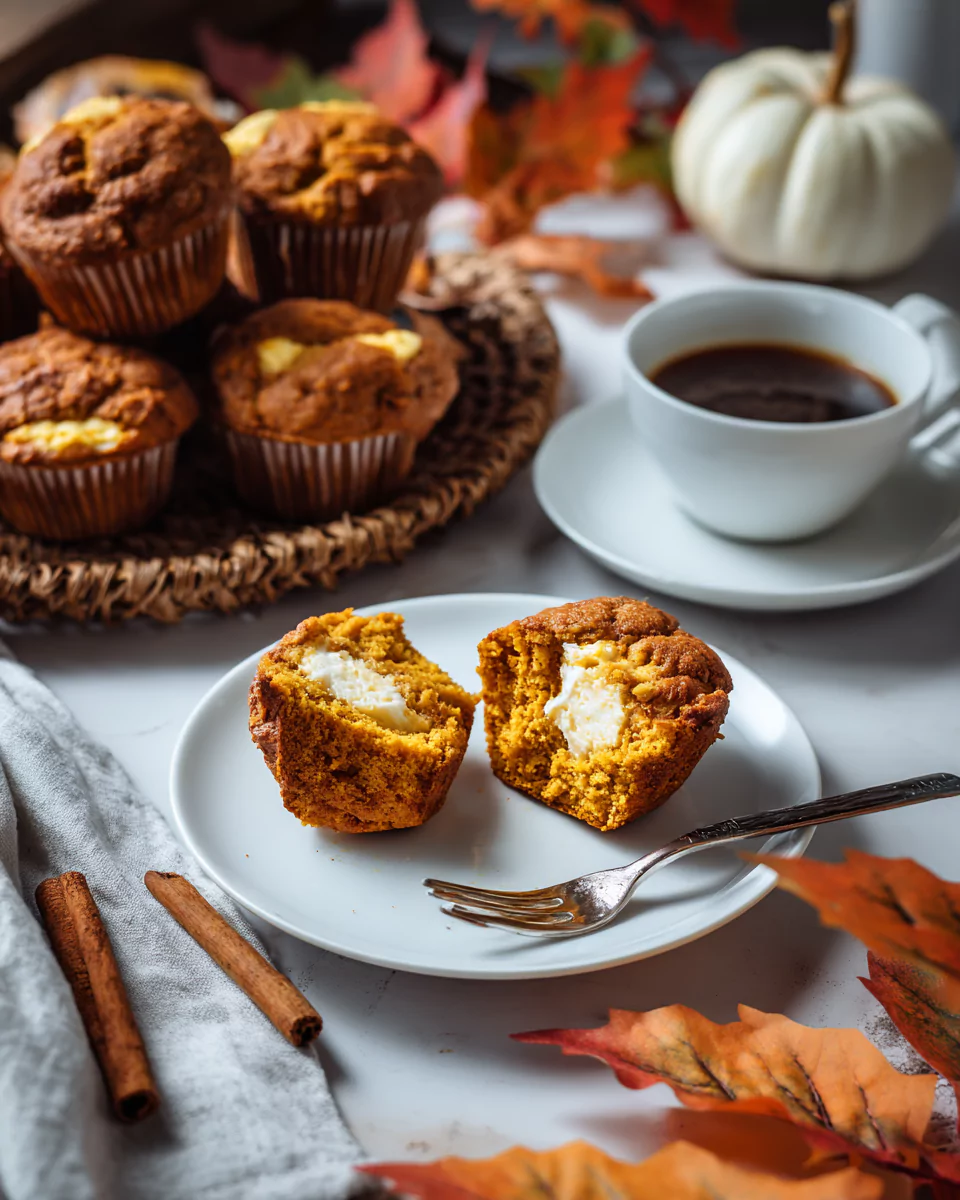 Pumpkin Cream Cheese Muffins served with coffee and fall decor