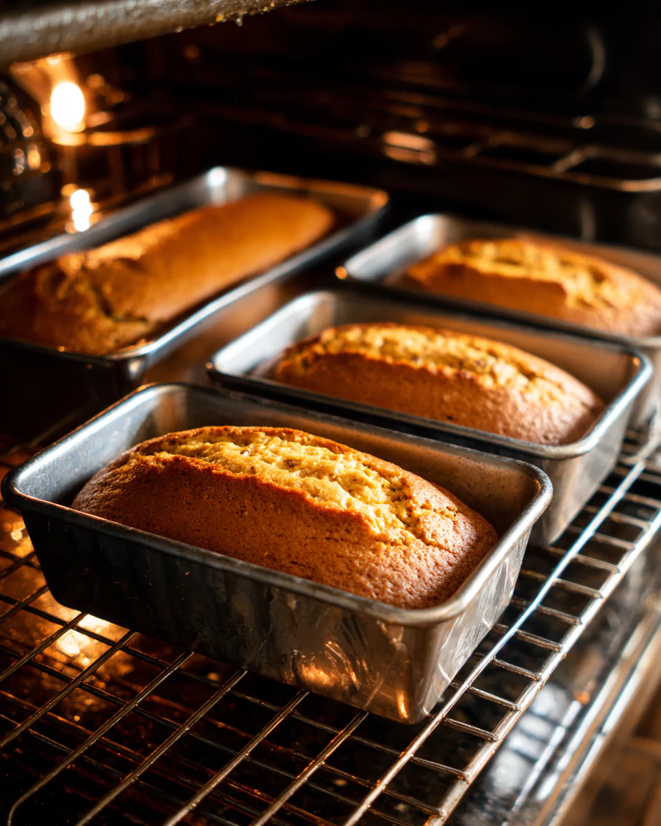 Pumpkin Ginger Pecan Bread baking in oven
