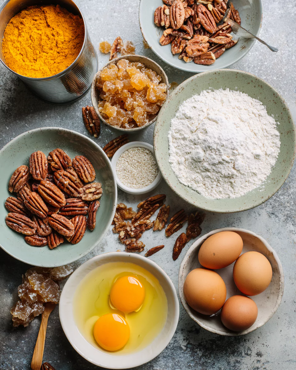 Pumpkin Ginger Pecan Bread ingredients on counter