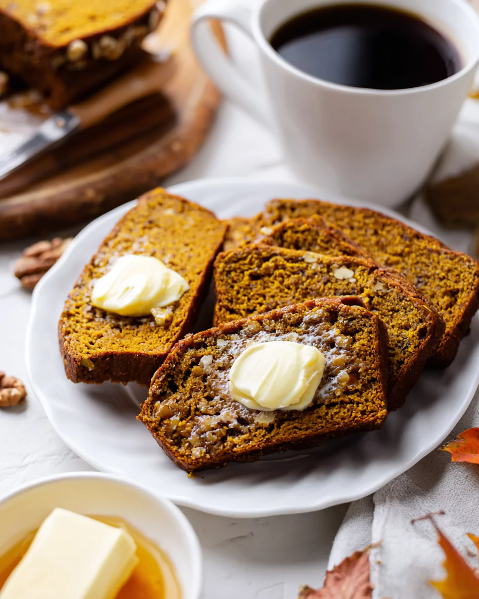 Serving Pumpkin Ginger Walnut Bread with butter