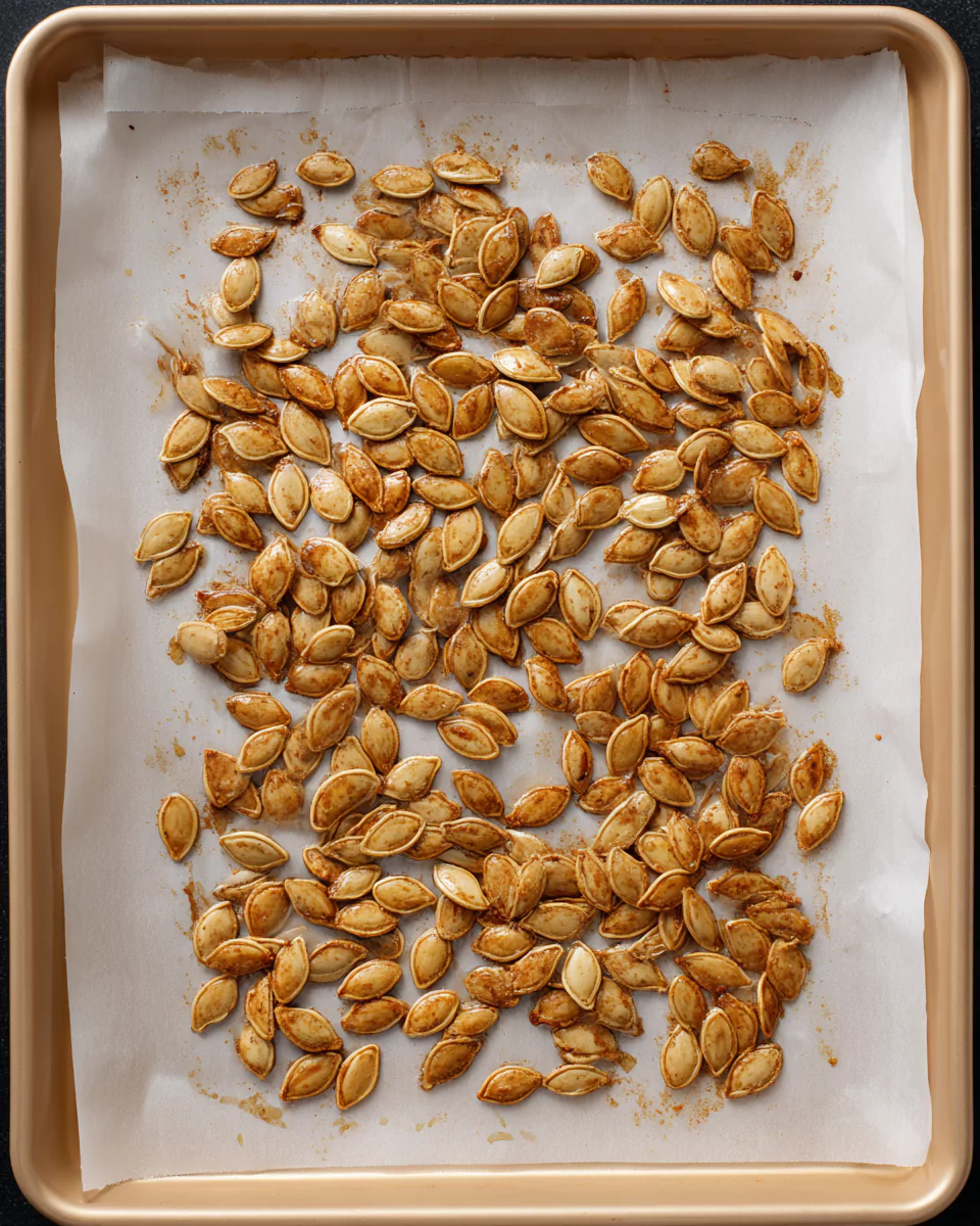 Cinnamon sugar pumpkin seeds roasting in oven