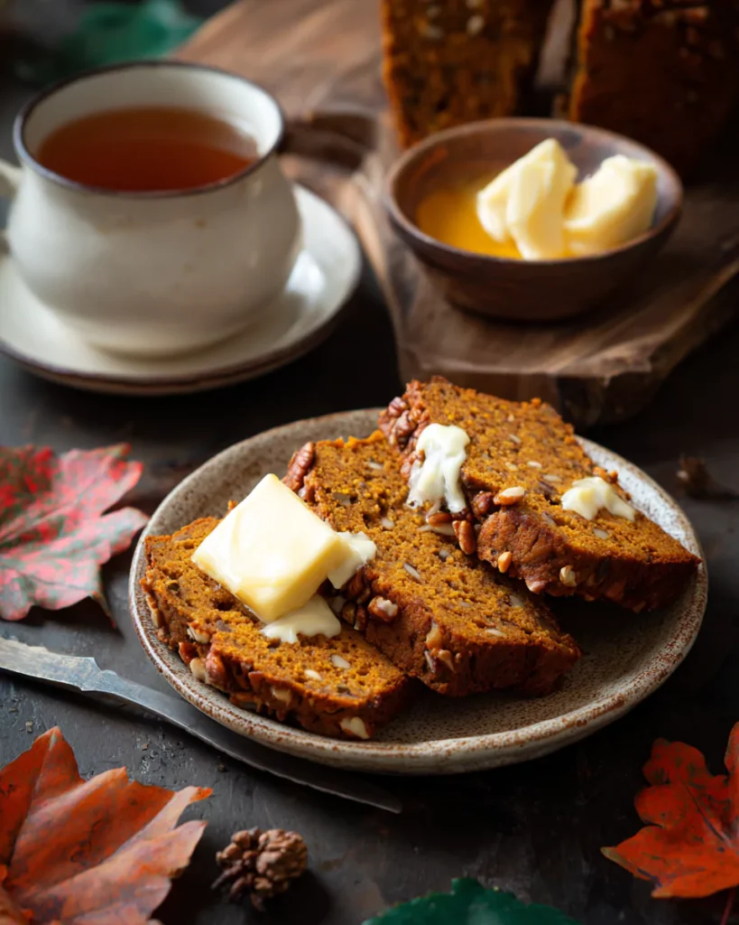 Pumpkin Ginger Pecan Bread slices served with butter