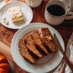Sliced Brown Butter Pumpkin Bread served with coffee