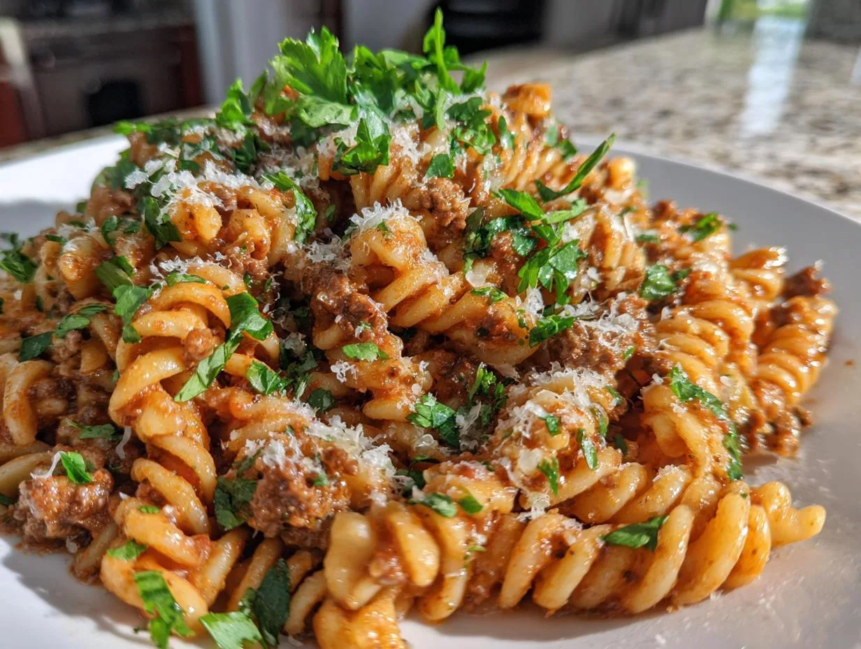 Irresistible Garlic Parmesan Beef Rotini in 25 Minutes