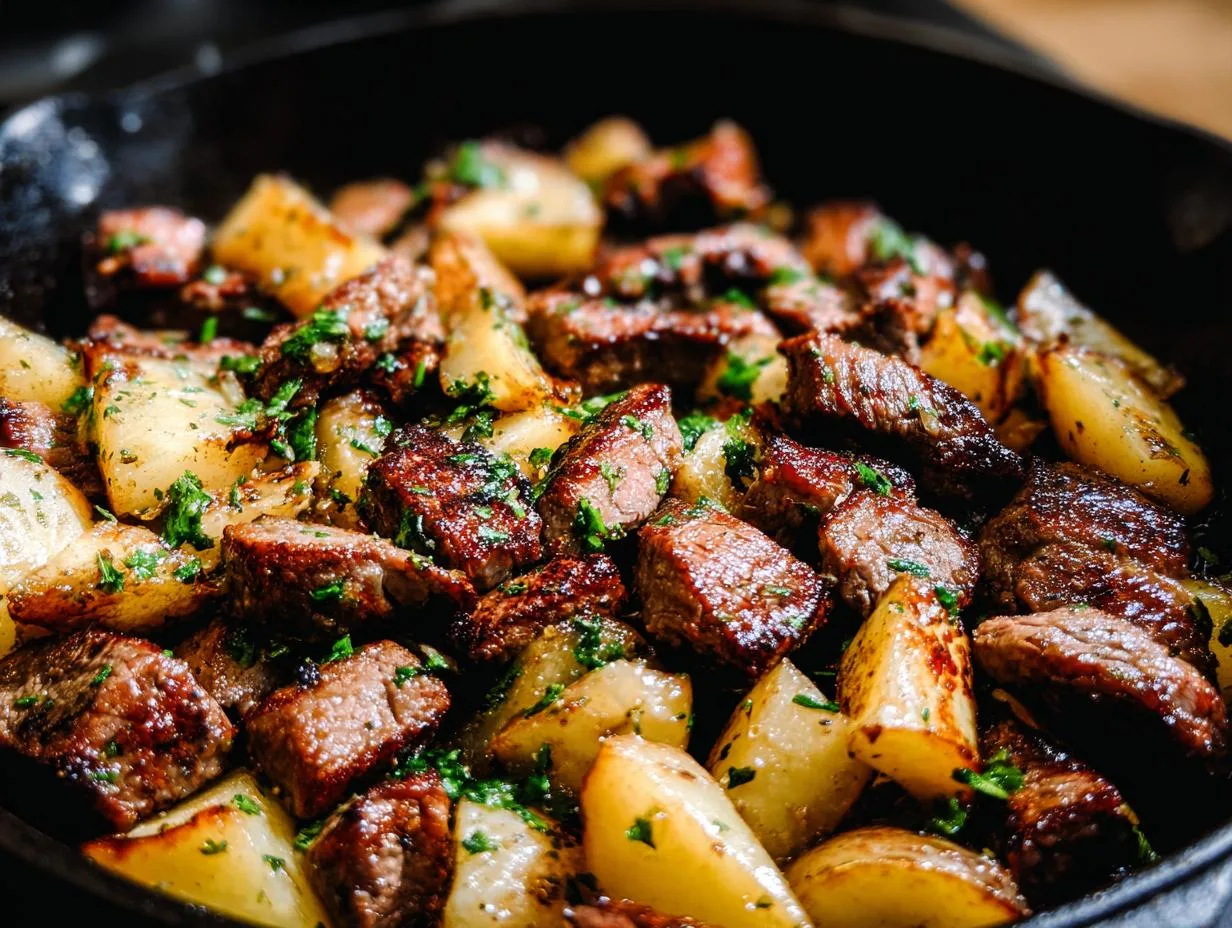 30-Minute Garlic Steak Bites Potatoes – Irresistible & Easy