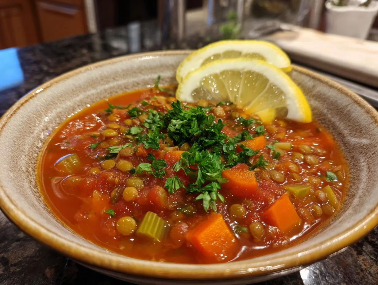 Hearty Tomato Lentil Soup: 18g Protein Bliss