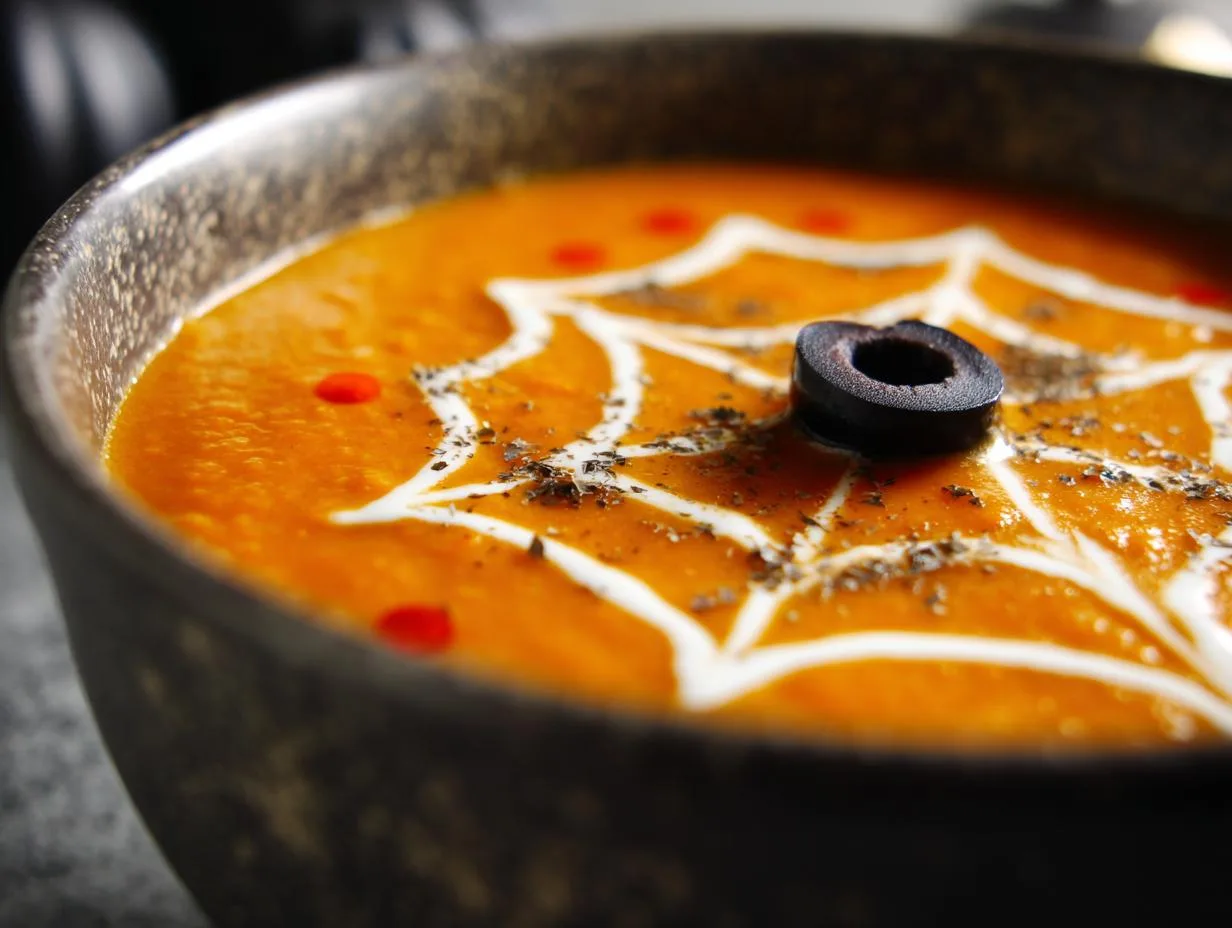 “Spooky 3-Ingredient Tomato Pumpkin Spider Web Soup Magic”
