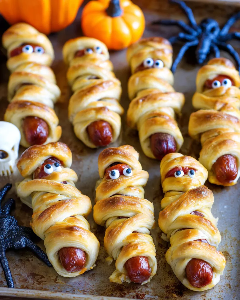 Baked Crescent Roll Mummy Dogs on tray