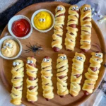 Crescent Roll Mummy Dogs served with spooky dips