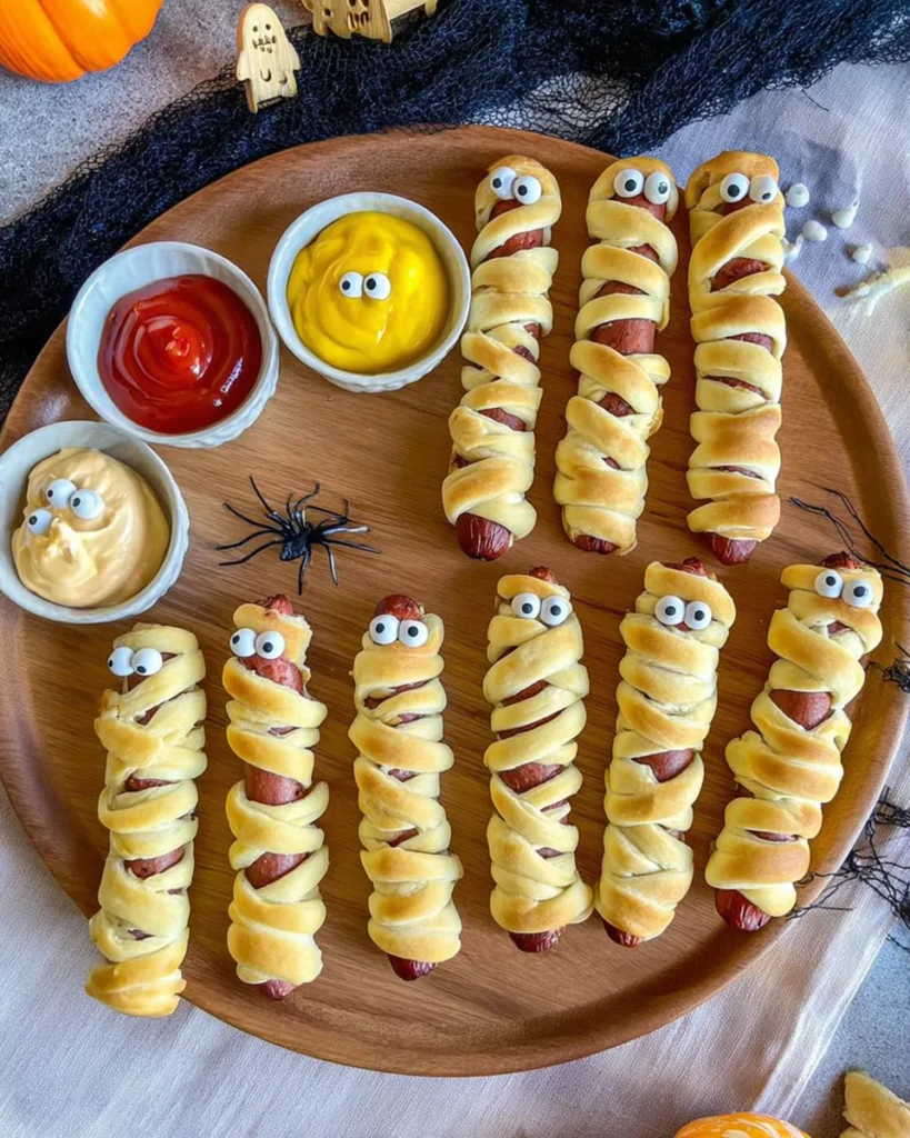 Crescent Roll Mummy Dogs served with spooky dips