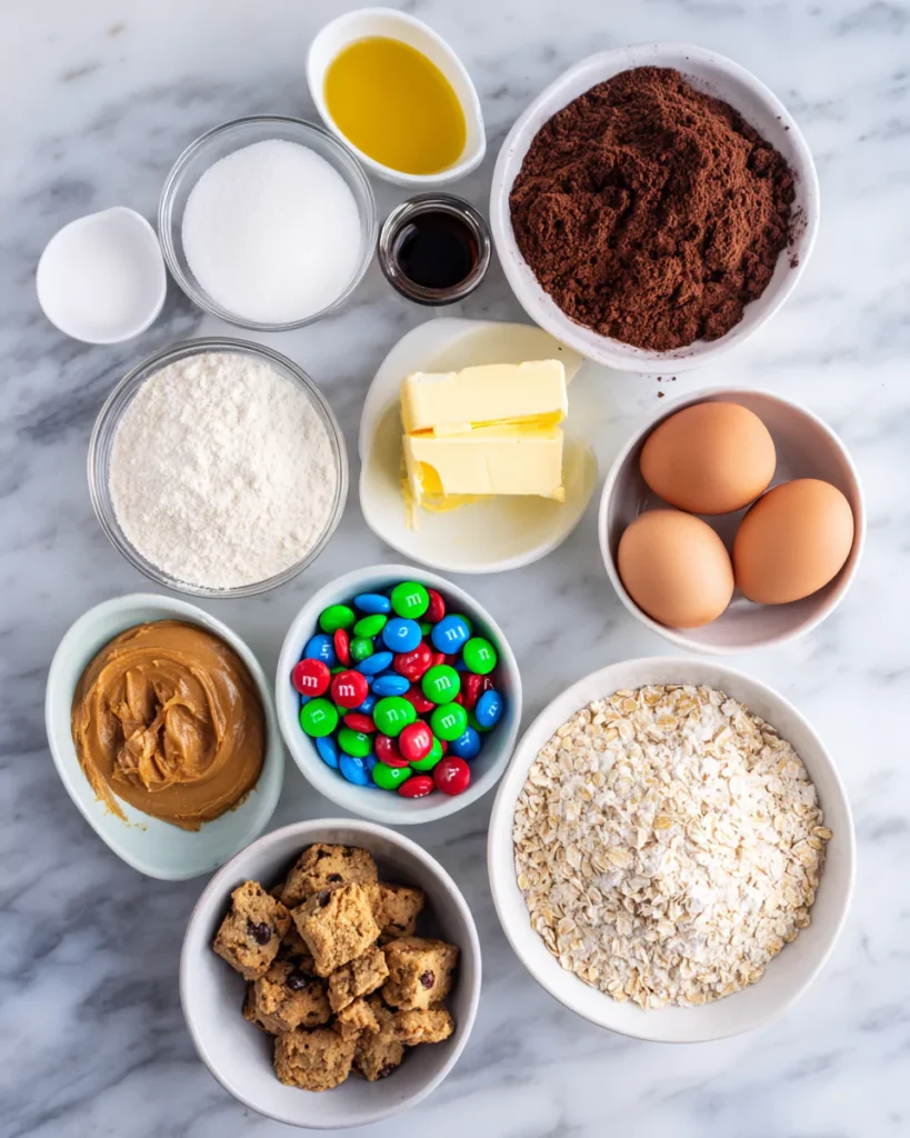 Monster Cookie Fudgy Brownies ingredients laid out