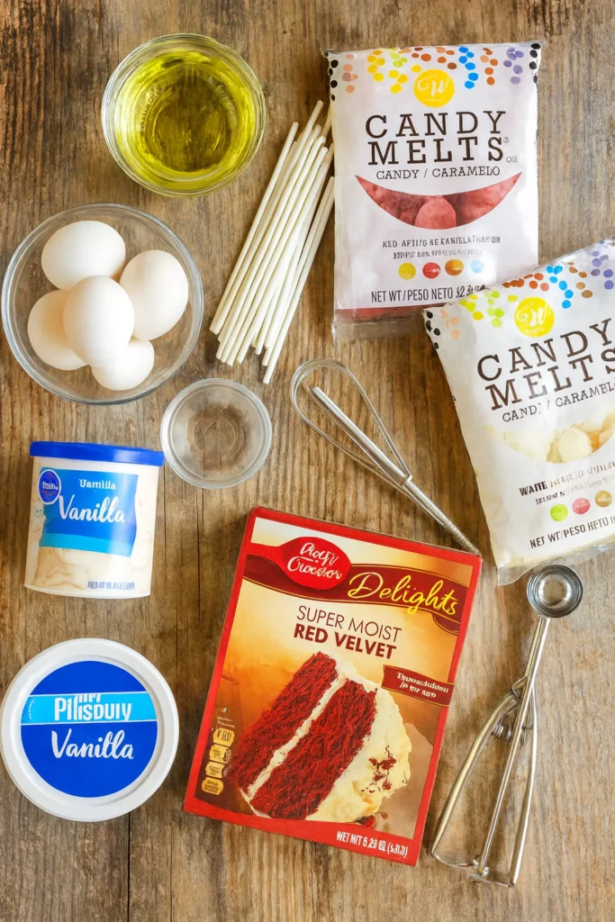 Red Velvet Cake Pops ingredients on counter