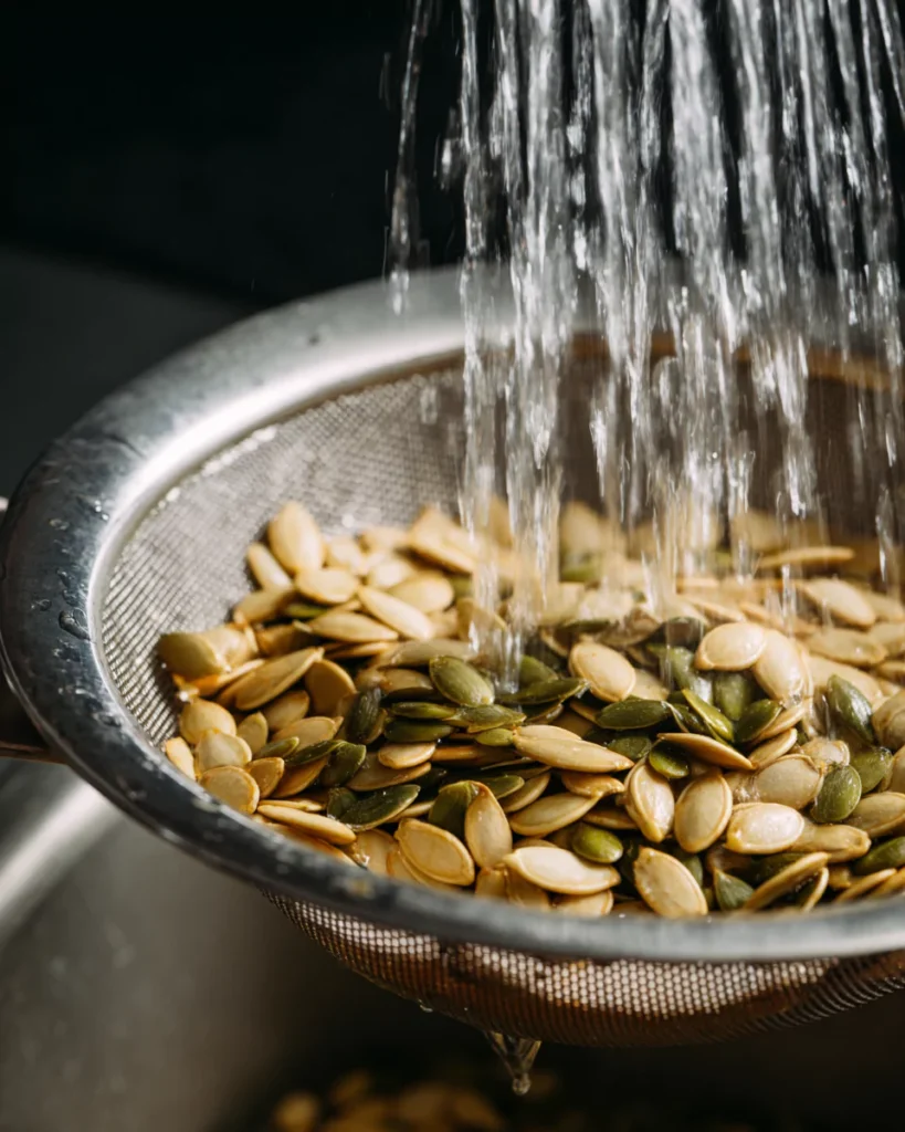 Rinsing pumpkin seeds for Sriracha recipe