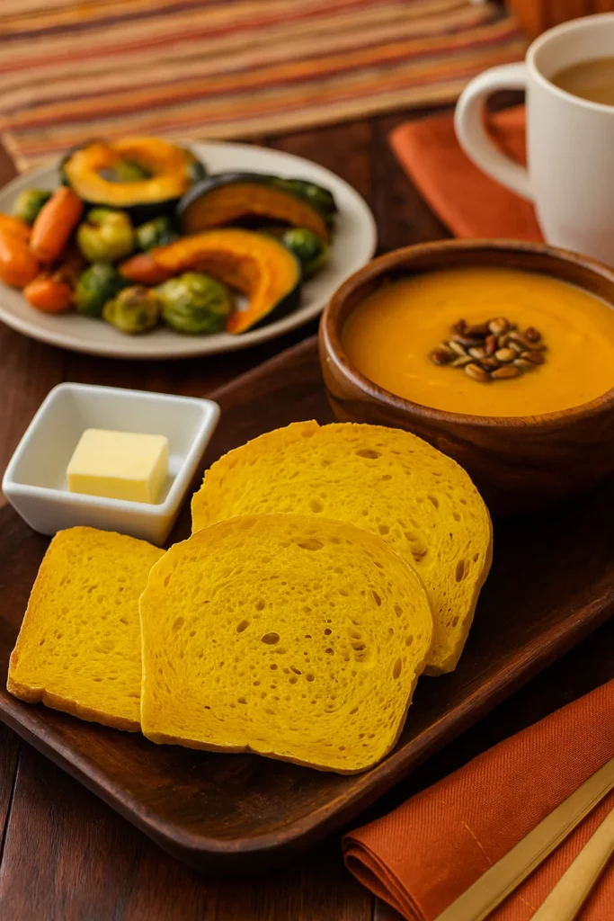 Sliced savory pumpkin bread with dinner