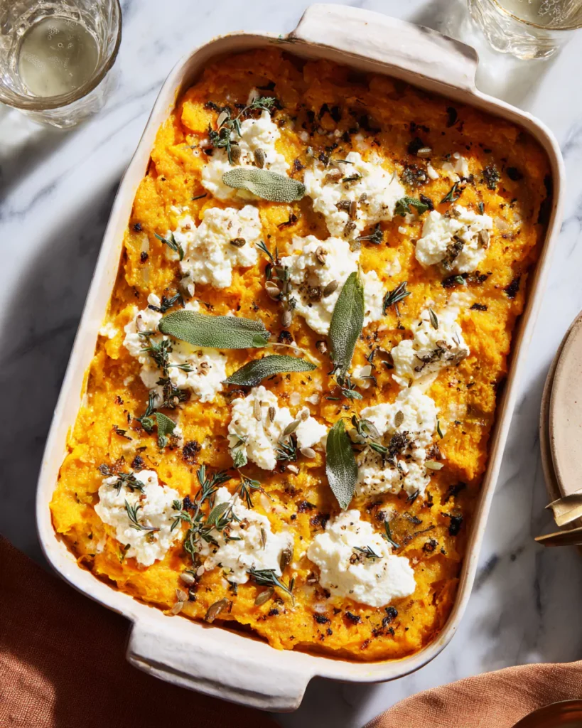 Savory pumpkin casserole before baking