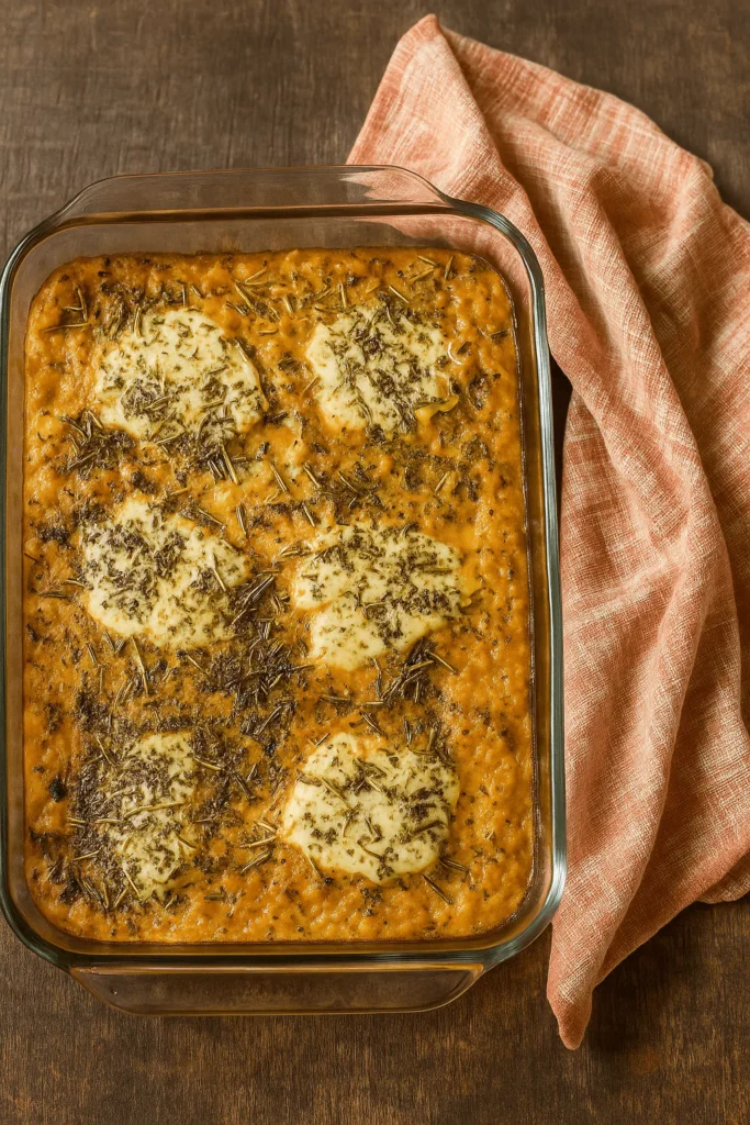 Savory pumpkin casserole recipe card image