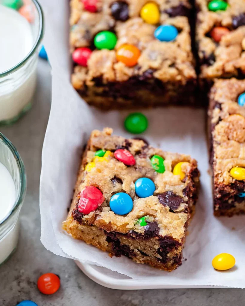 Monster Cookie Fudgy Brownies served on a platter