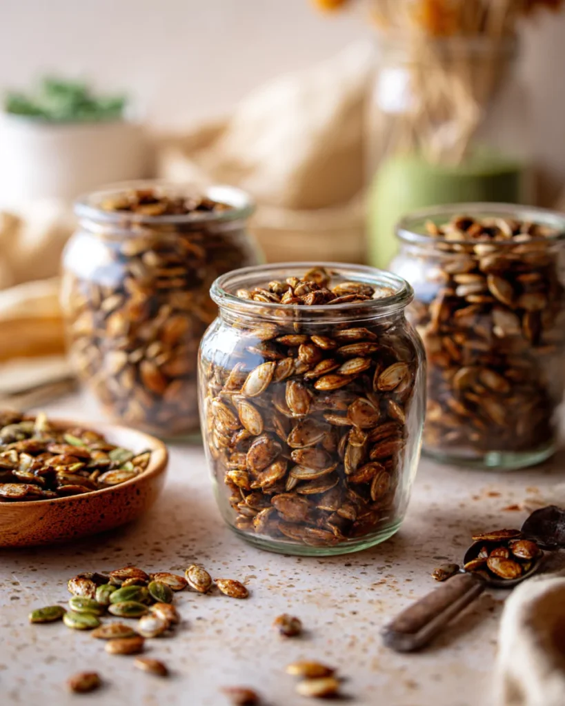 Serving Spicy Sriracha Pumpkin Seeds in jars