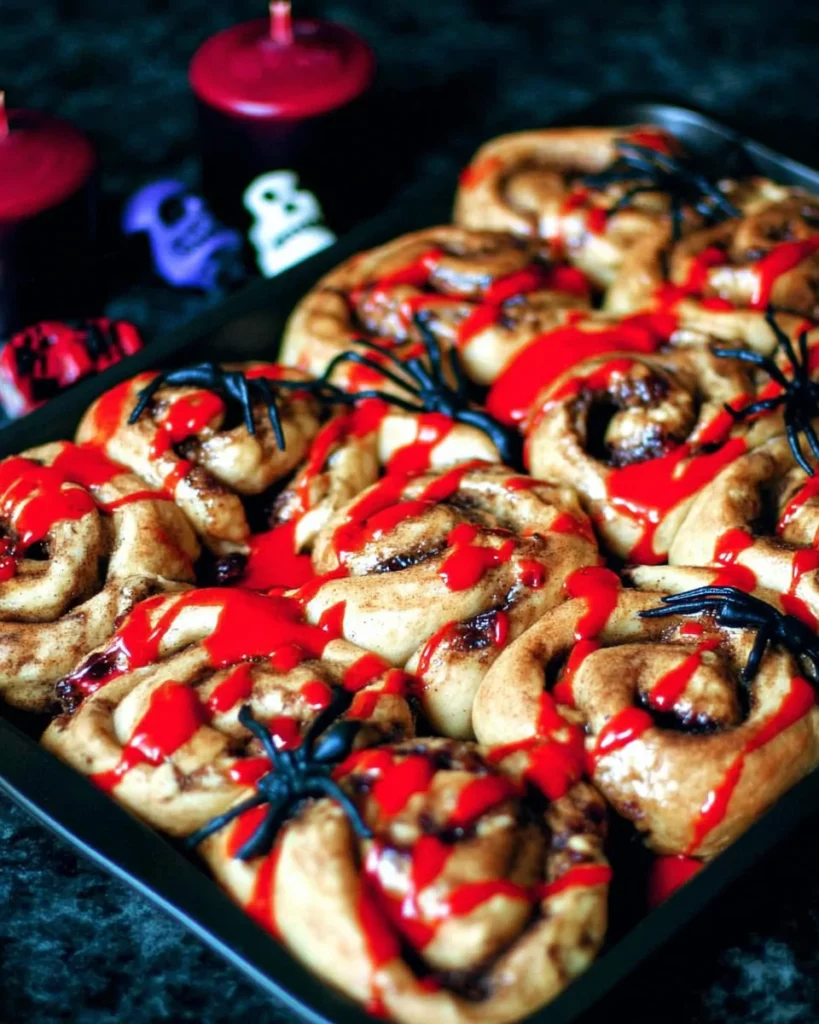 Spooky cinnamon roll guts serving idea