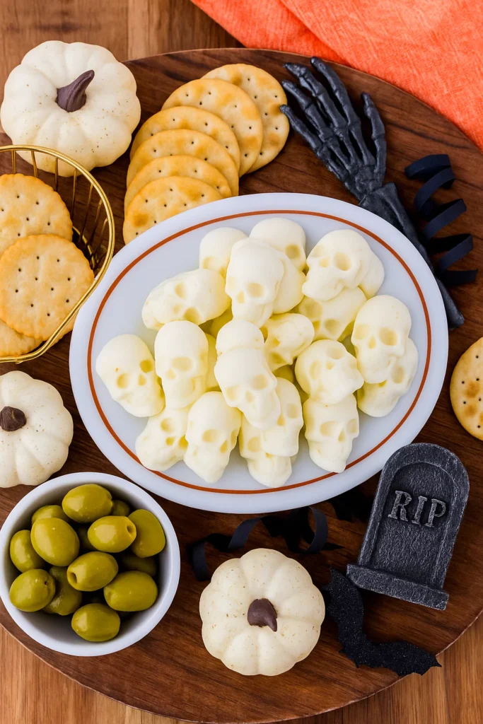Halloween serving platter with mozzarella skulls