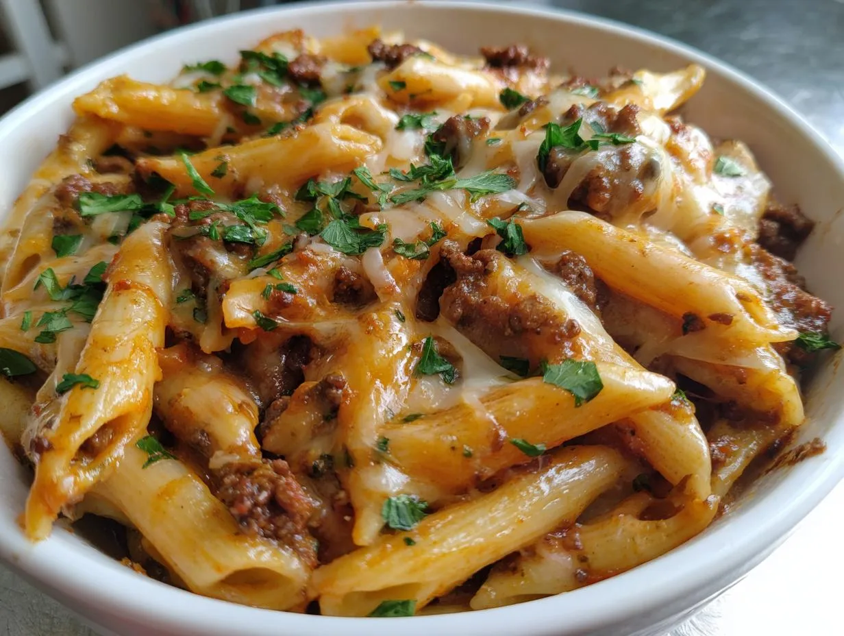 30-Minute Cheesy Penne Ground Beef – Irresistibly Comforting