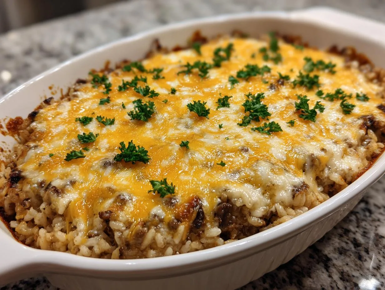 Amazing 5-Ingredient Cheesy Hamburger Rice Casserole