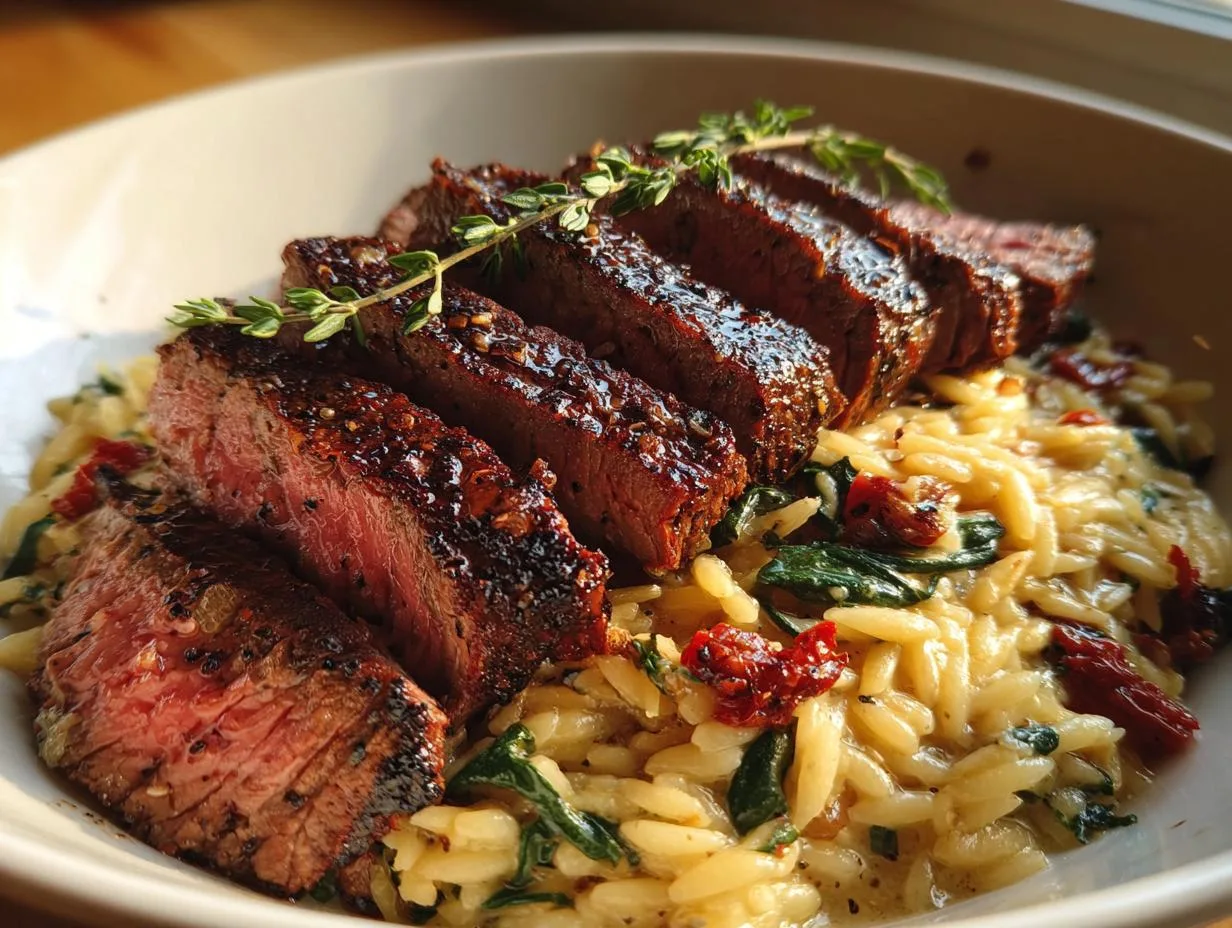Juicy Flank Steak Creamy Orzo Recipe in Just 30 Minutes
