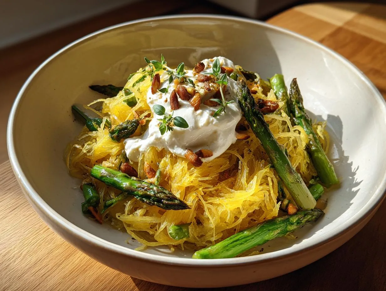 Creamy Spaghetti Squash With Asparagus And Thyme In 35 Minutes