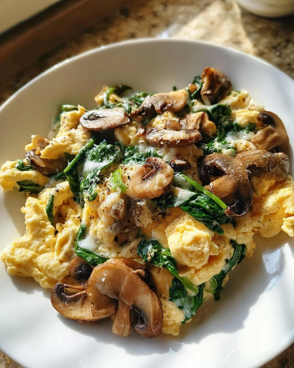 mushroom spinach scrambled eggs - detail 1