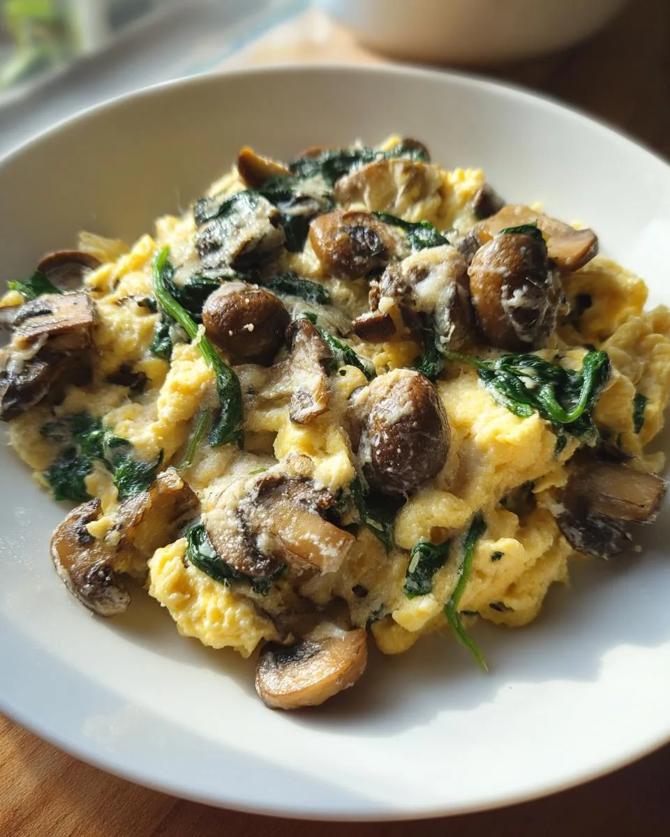 mushroom spinach scrambled eggs - detail 2