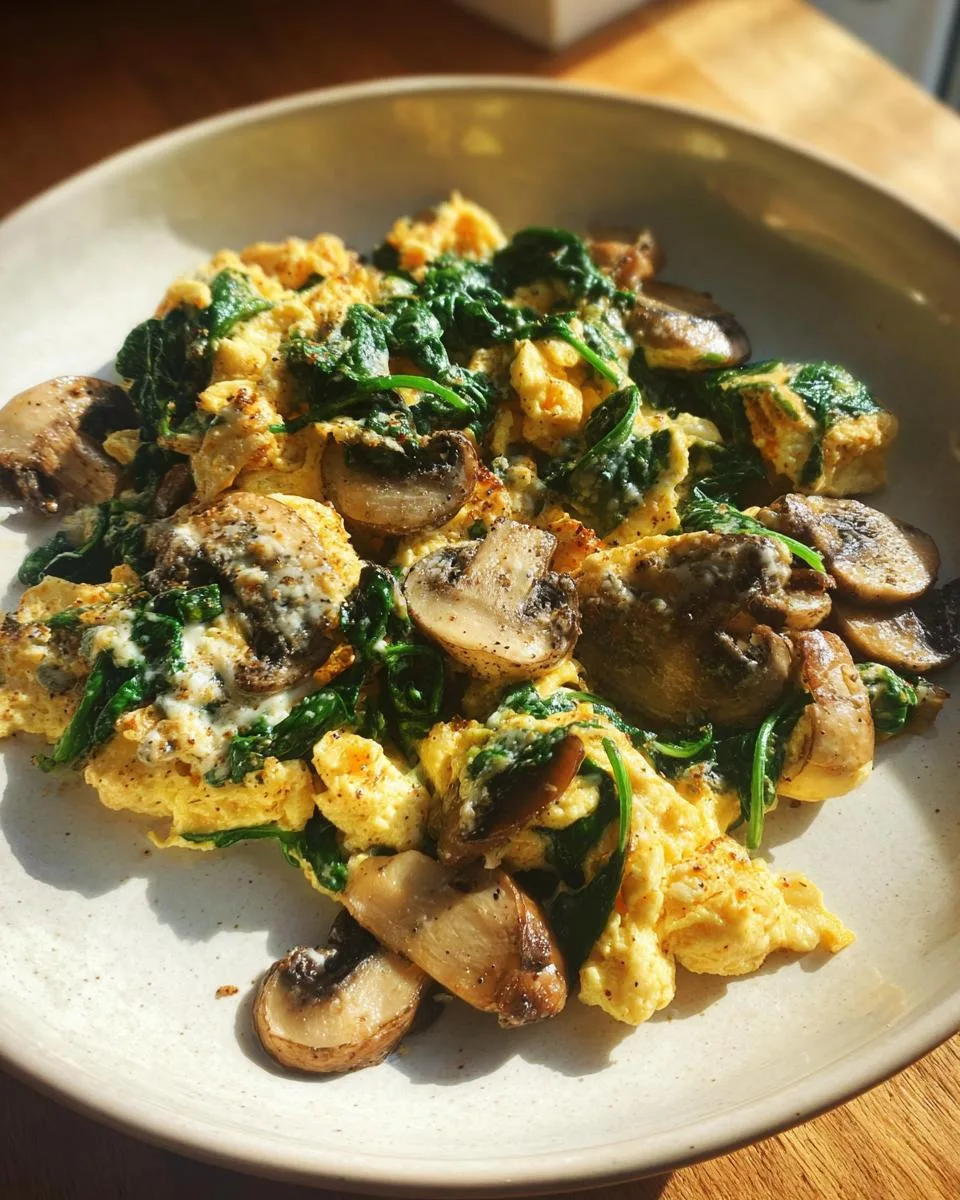 mushroom spinach scrambled eggs - detail 3