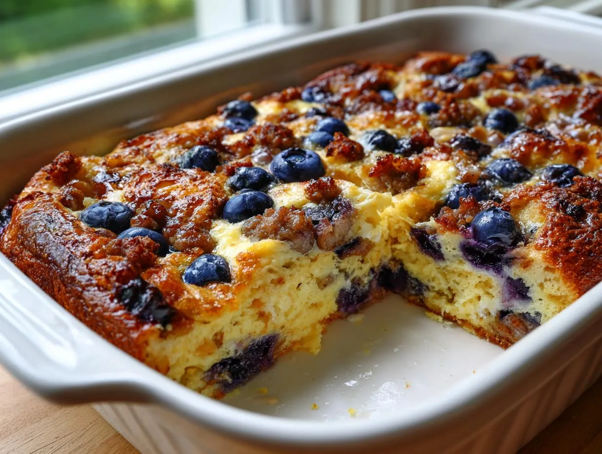 Sensational 15-Minute Sausage Blueberry Pancake Breakfast Casserole
